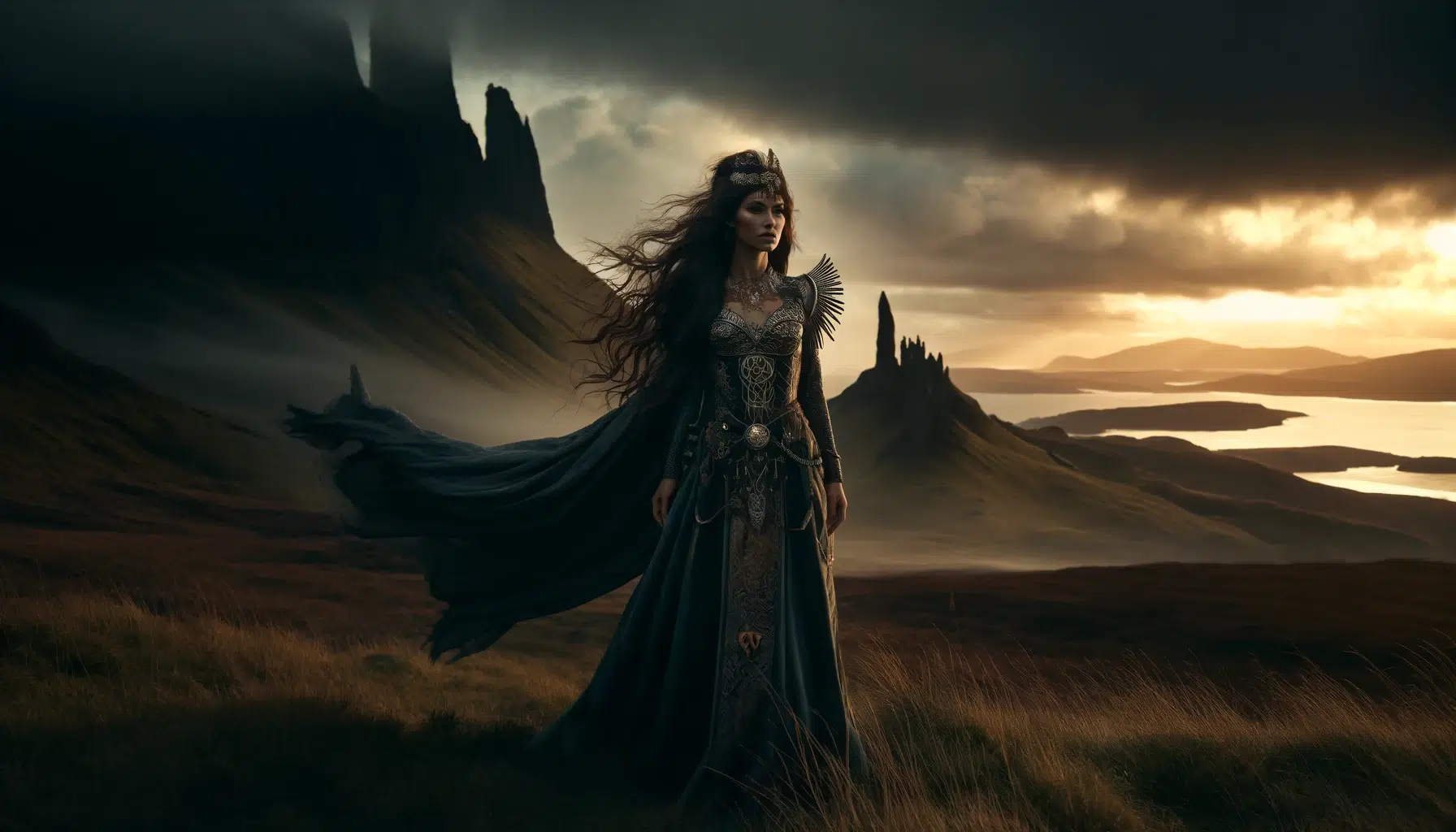 A dramatic portrayal of Scáthach, a mystical warrior goddess from Celtic mythology, standing on the rugged terrain of the Isle of Skye. She appears powerful and enigmatic, dressed in ancient Celtic warrior attire with intricate designs. Her hair is long and dark, flowing in the wind. The background features misty mountains and the shadowy outline of her fortress, Dún Scáith, adding an air of mystery and magic