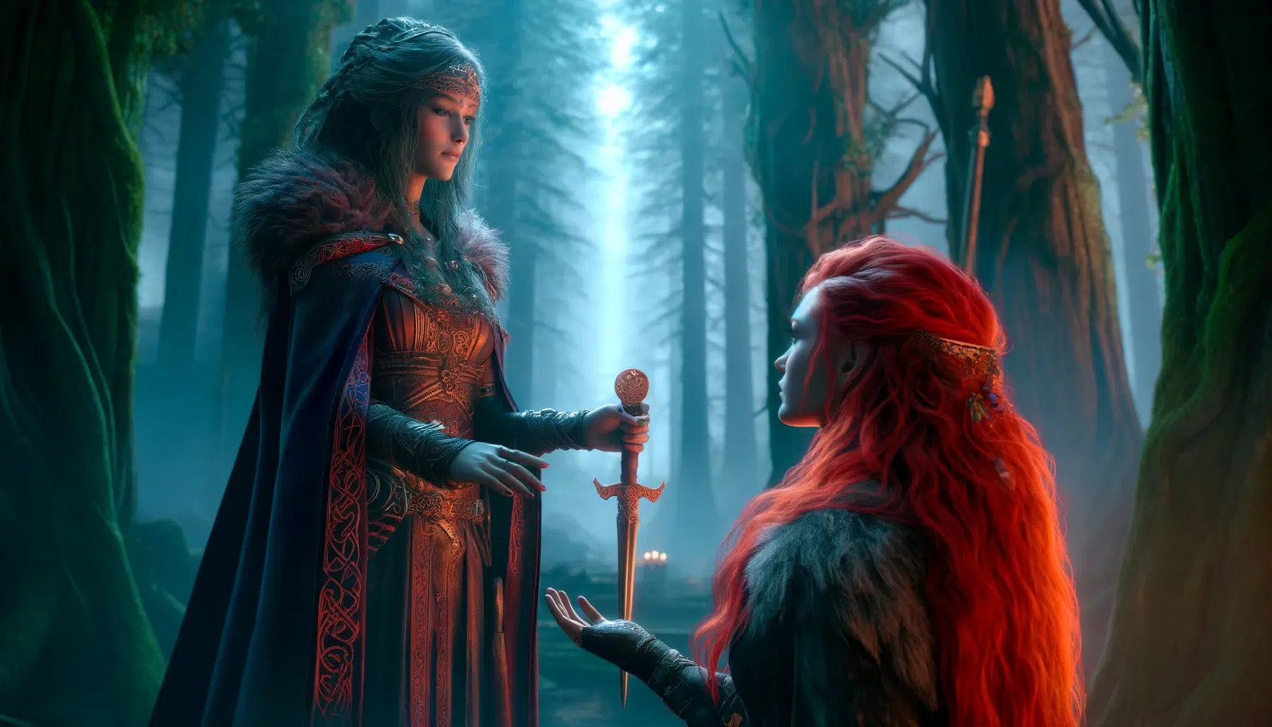 a pivotal moment between Scáthach and Red Sonja. The scene shows Scáthach, a mystical Celtic warrior goddess, bestowing a sacred vow upon Red Sonja, a fierce warrior woman with vibrant red hair. They stand in a mystical, ancient forest, surrounded by towering trees and soft, mystical lighting. Scáthach, in her intricate warrior attire, solemnly holds a ceremonial sword as she imparts the vow. Red Sonja listens intently, her expression determined and proud, ready to uphold her vow of independence.