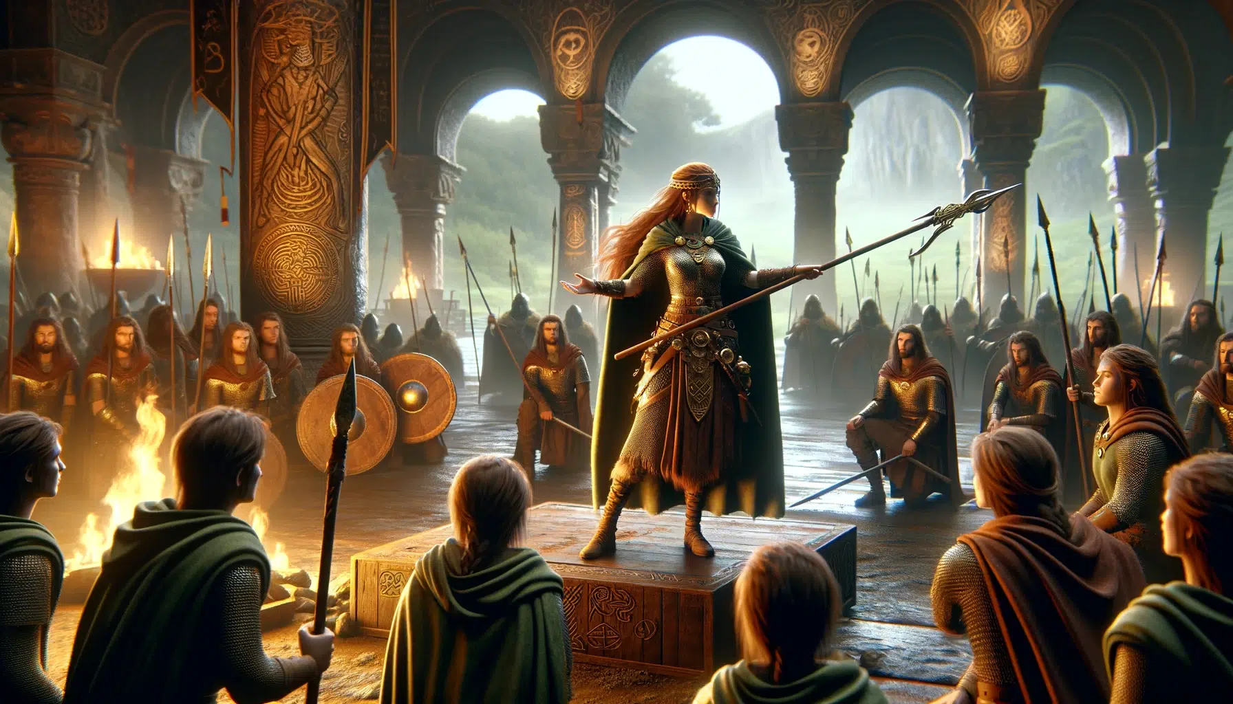Scáthach in her role as a teacher, instructing future heroes of Celtic mythology. The setting is an ancient, mystical training ground within her fortress, Dún Scáith. Scáthach, depicted as a commanding yet fair figure, stands before a group of attentive warriors. She demonstrates a battle strategy with a spear in hand. Her attire is a blend of warrior gear and teacher-like robes, symbolizing her dual role.