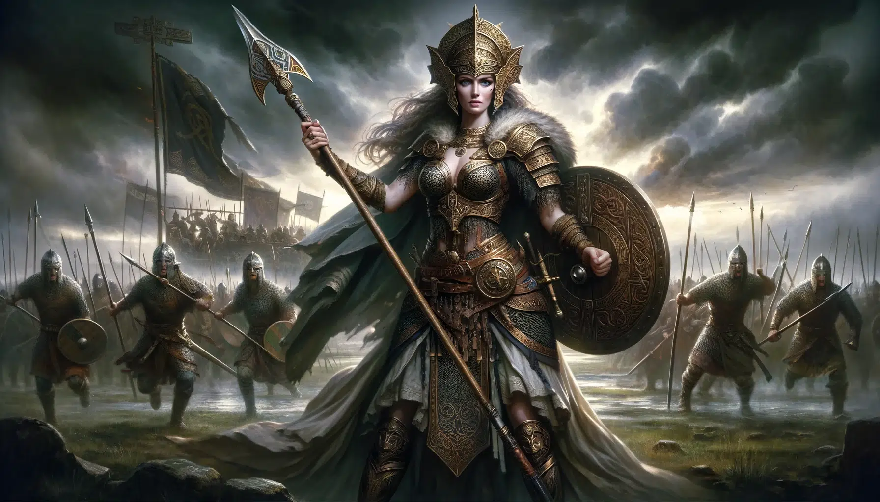 She stands boldly on a battlefield, exuding authority and strength. Dressed in intricate, ancient Celtic warrior armor, she holds a spear and shield, showcasing her mastery of arms. Her expression is determined and fierce, fitting her role as a protector. The background features a chaotic battle scene with warriors in motion, emphasizing her influence and command over the art of war.