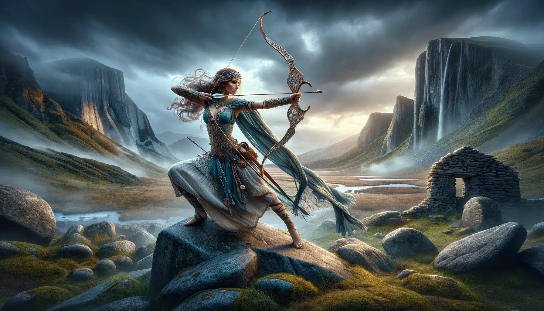 the Celtic warrior goddess showcasing her exceptional archery skills, set in an ancient Celtic landscape. Positioned on a rocky terrain, she is captured in mid-action, drawing a majestic longbow with precision and focus. Her attire blends traditional Celtic warrior elements with ethereal touches that hint at her divine nature, such as shimmering accents. The backdrop features towering mountains and a stormy sky, emphasizing the mythic and powerful atmosphere.