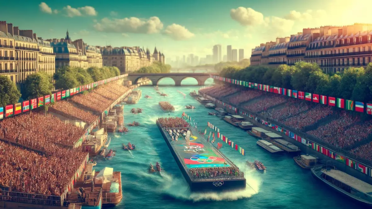 the Seine river in Paris during the Olympics with both sides of the river bank are bustling with people in stands, eagerly watching the event. The river is filled with large barges, each adorned with flags of various countries and carrying athletes participating in the Olympics. The scene captures the excitement and international spirit of the games, with the Parisian architecture in the background adding to the festive atmosphere