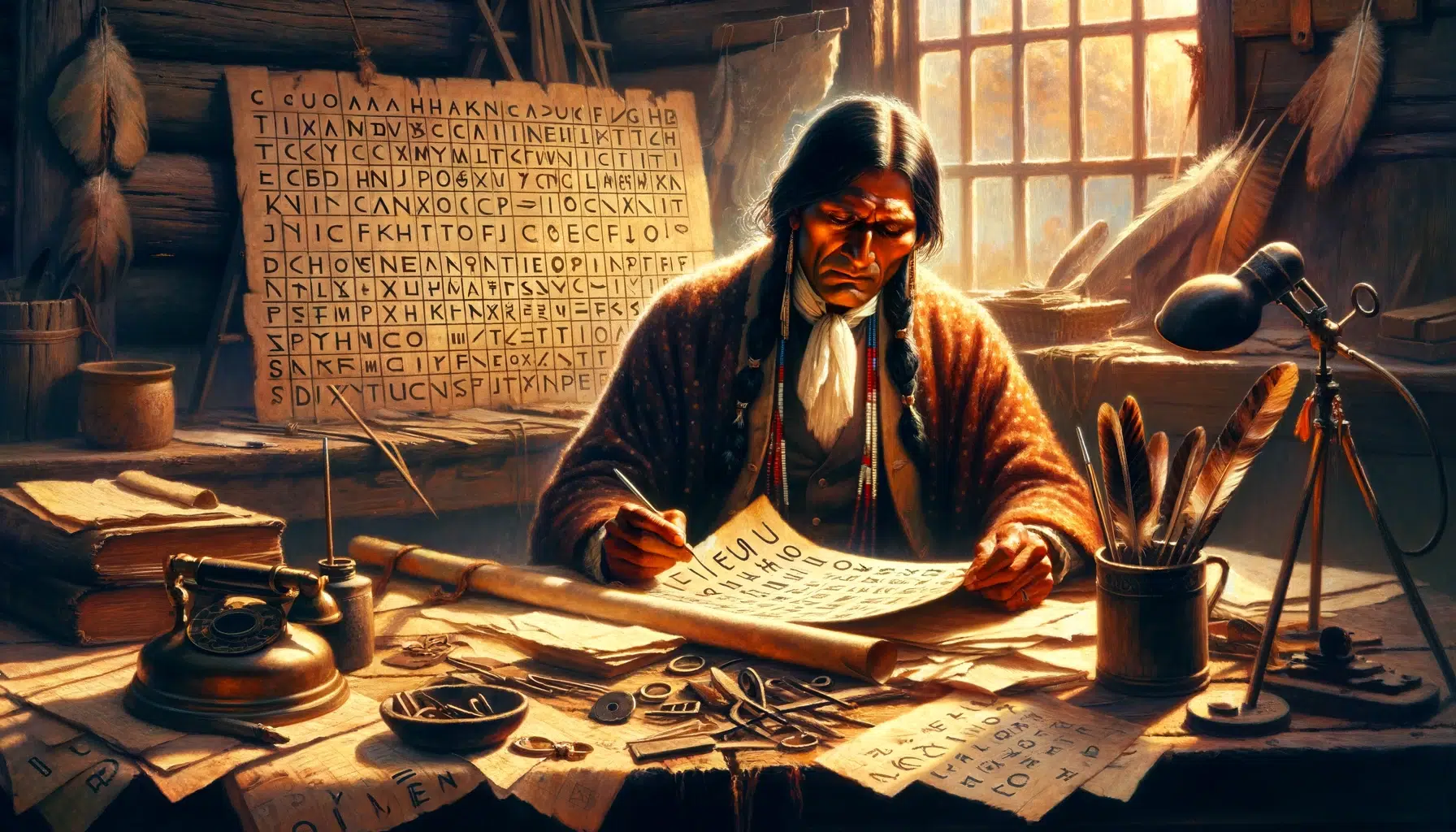 A historical depiction of Sequoyah creating the Cherokee syllabary in the 1820s. The image should show Sequoyah, a distinguished Cherokee man, sitting at a desk with papers scattered around, deeply focused on his work. He is drawing and analyzing symbols, which are the beginnings of the Cherokee syllabary. Include representations of the 86 unique symbols he developed, each symbolizing a different sound in the Cherokee language.