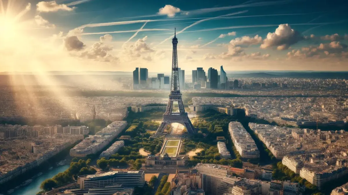 the view of the Eiffel Tower from the 56th-floor observation deck of the Montparnasse Tower in Paris. The image should capture the stunning aerial perspective of the Eiffel Tower standing majestically against the Paris skyline, with a clear view of the Seine River and surrounding cityscape. Include other Parisian landmarks in the background, under a bright blue sky