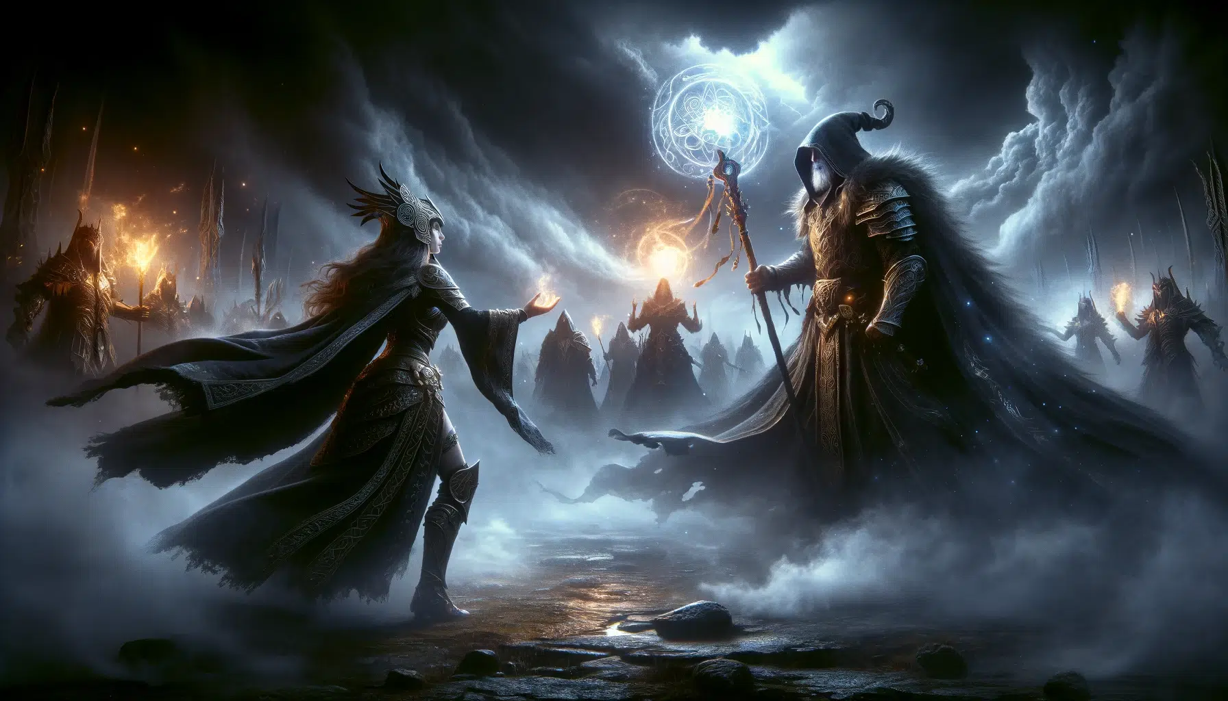 a climactic confrontation between Scáthach, the revered warrior goddess of Celtic lore, and Kulan Gath, a formidable wizard. The scene shows a mystical battleground, shrouded in swirling mists and dark, ominous clouds. Scáthach, clad in intricate Celtic warrior armor, stands resolute yet visibly weakened, her divine power flickering like a dim light. Kulan Gath, dressed in dark sorcerer robes, wields a glowing staff, casting a spell that intensifies the struggle.