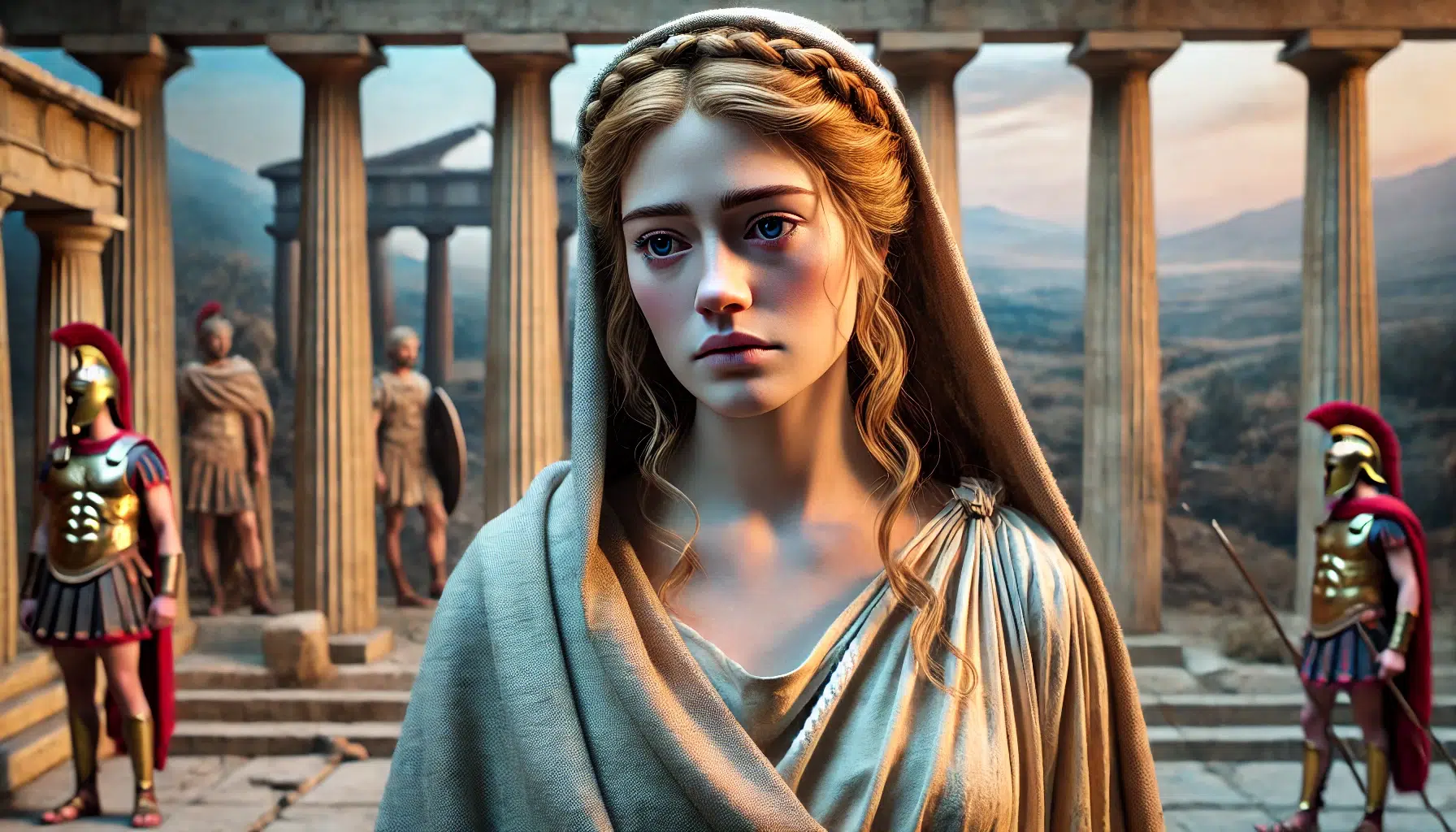 Andromache, a Trojan widow, in a classical Greek setting. Andromache stands with a look of sorrow and strength, wearing traditional ancient Greek clothing, including a simple but elegant gown. Her face shows detailed emotions of grief and resilience. The background features elements of ancient Greek architecture, such as columns and a scenic view of Troy in the distance, with ruins visible. The atmosphere is reflective and somber, capturing the essence of Andromache's loss and enduring strength.