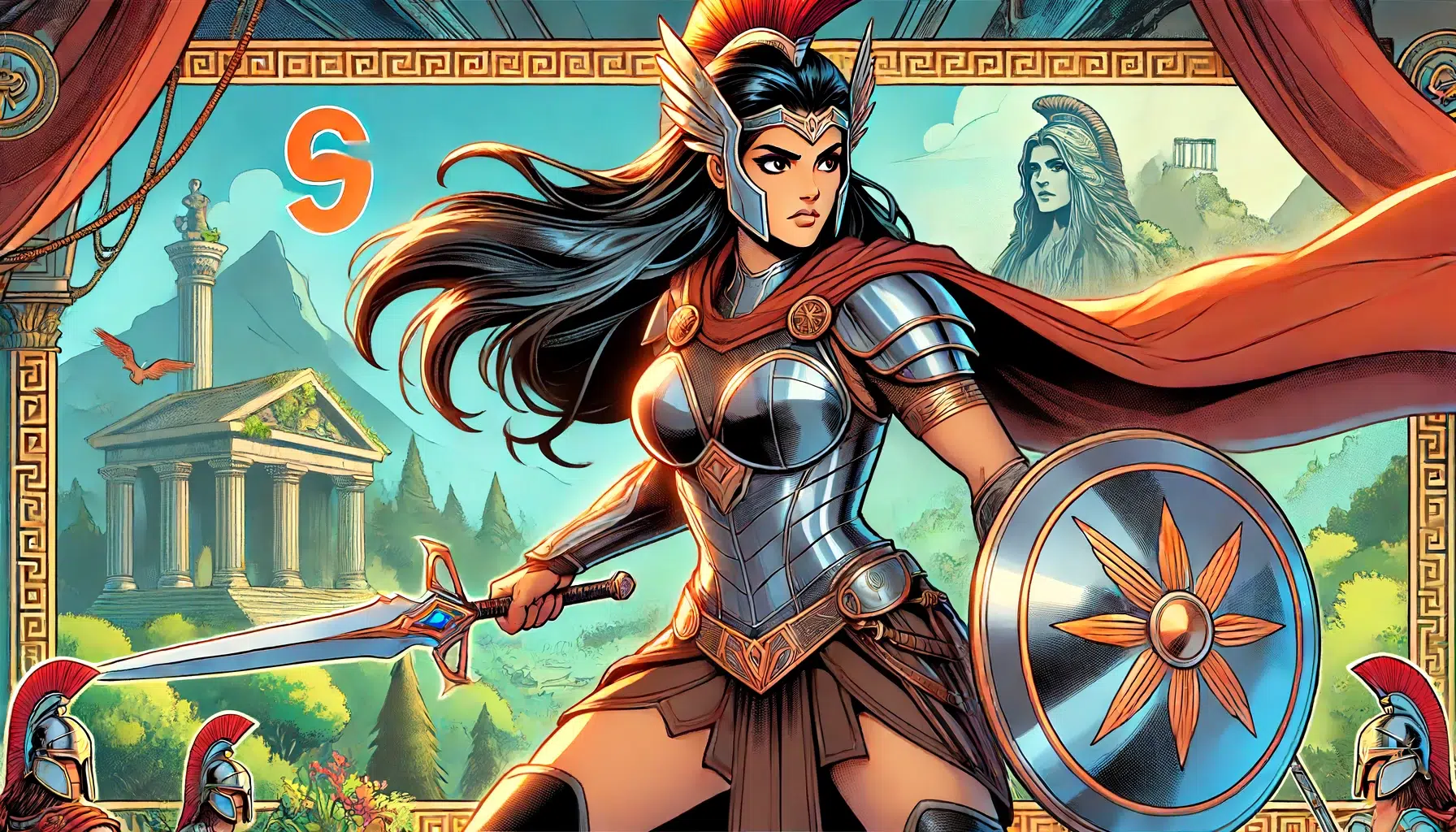 Antiope as an Amazon warrior in a comic book style series. She is shown as a strong fighter and mentor, dressed in sleek, modern Amazonian armor. Antiope stands in a powerful and confident pose, wielding a sword and shield. Her expression is fierce yet wise, highlighting her role as a mentor. The background features a vibrant, mythical landscape with ancient ruins and lush forests, adding to the epic and heroic atmosphere. The image captures her strength, bravery, and leadership qualities in a dynamic and visually appealing comic book style.