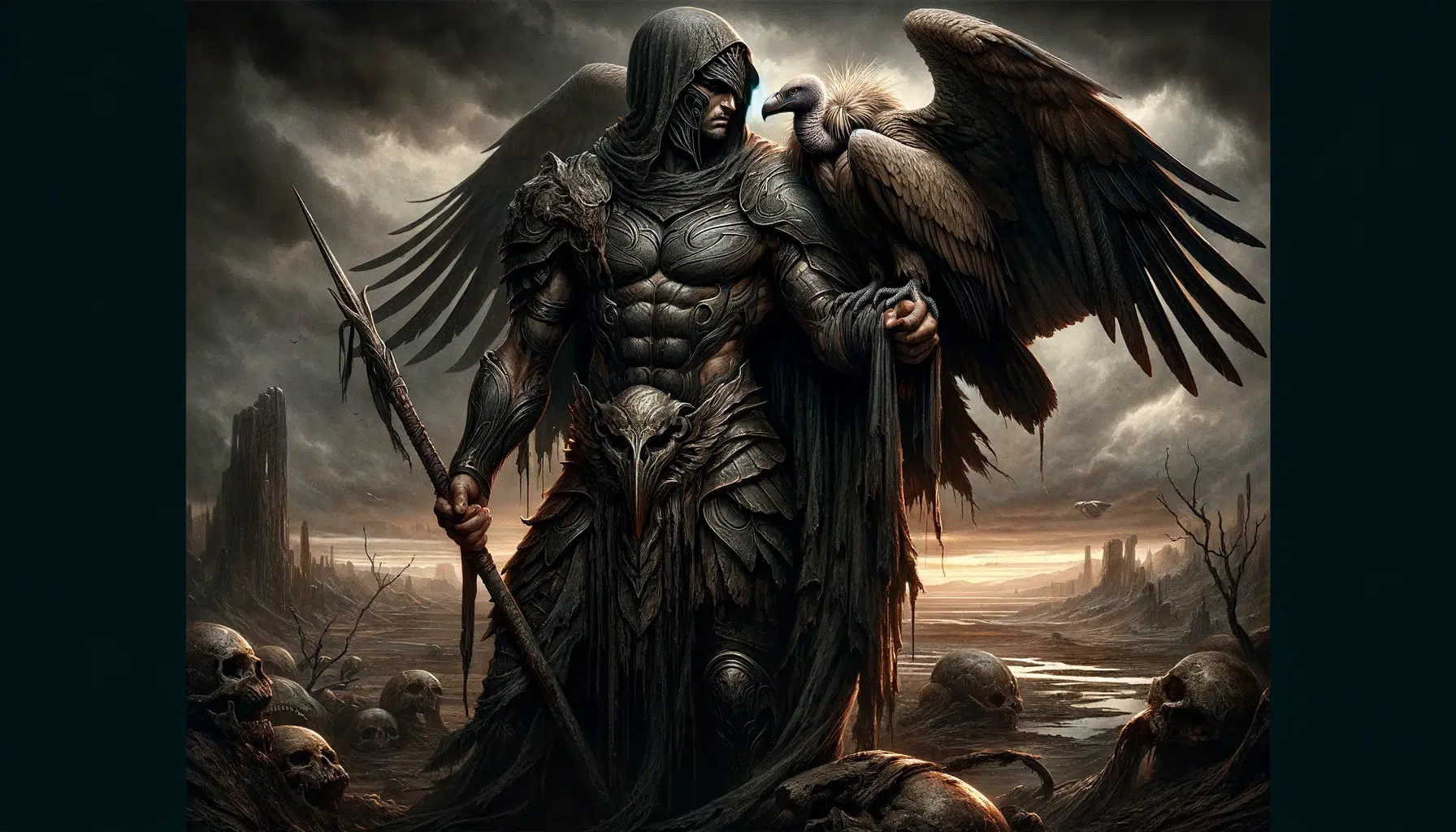 the Greek god of war, alongside the vulture, representing his connection to death and destruction. He stands powerfully in a desolate battlefield, wearing dark, detailed armor that reflects the harshness of war. He gazes into the distance, holding a spear, with a large, ominous vulture perched on his shoulder, its wings slightly spread. The background shows a barren landscape with remnants of a recent battle, emphasizing the aftermath of war. The color palette is dominated by dark grays and browns, highlighting the somber mood of the scene.