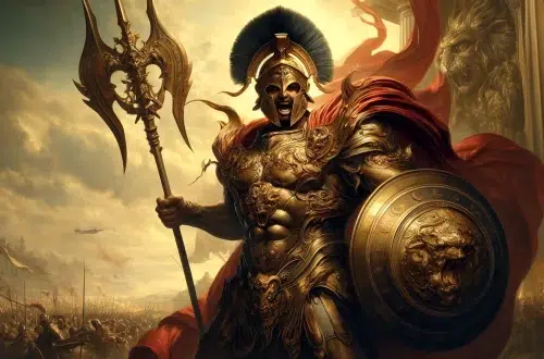 the Greek god of war, in classical ancient Greek style. Ares stands imposingly, clad in intricately detailed bronze armor that shines under the light of the sun. He holds a large, menacing spear in one hand and a shield emblazoned with a fearsome war emblem in the other. His expression is fierce and commanding, exuding power and authority. The background features a chaotic battlefield setting with hints of smoke and distant figures fighting, capturing the essence of war. The image is rich with warm colors of bronze and red, emphasizing the warlike atmosphere.