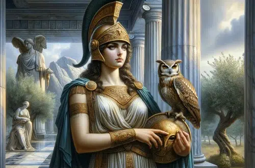 Athena, the Greek goddess, standing in a classical pose. She wears a detailed helmet and armor, symbolizing her role as a goddess of war. Her expression is wise and calm. An owl, her sacred animal, perches nearby, symbolizing wisdom. The setting is an ancient Greek temple with marble columns in the background, surrounded by olive trees, reflecting her connection to peace and the city of Athens.