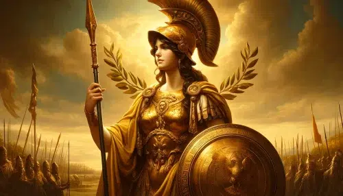 thena, the goddess of strategic warfare, in classical Greek style. Athena stands confidently, dressed in her iconic golden armor that gleams under the light of wisdom. She holds a spear in one hand and a shield in the other, both intricately designed with symbols of owls and olive branches, representing her wisdom and peace. Her helmet, adorned with a crest, casts a regal shadow over her thoughtful expression. The background is a serene battlefield, symbolizing her role in guiding warriors to thoughtful and strategic combat. The image uses rich golden and earth tones to enhance her divine presence.