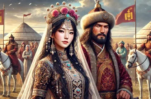 the young, beautiful Börte at age 17 marrying Genghis Khan. Börte is depicted as a stunning young woman with long, dark hair, wearing an elegant traditional Mongolian wedding attire, including a richly decorated deel and a headdress. Genghis Khan is shown as a strong and imposing figure, also in traditional attire. They are surrounded by a celebratory atmosphere with friends and family, with the Mongolian steppe and yurts in the background under a clear blue sky, evoking the grandeur and tradition of the moment.