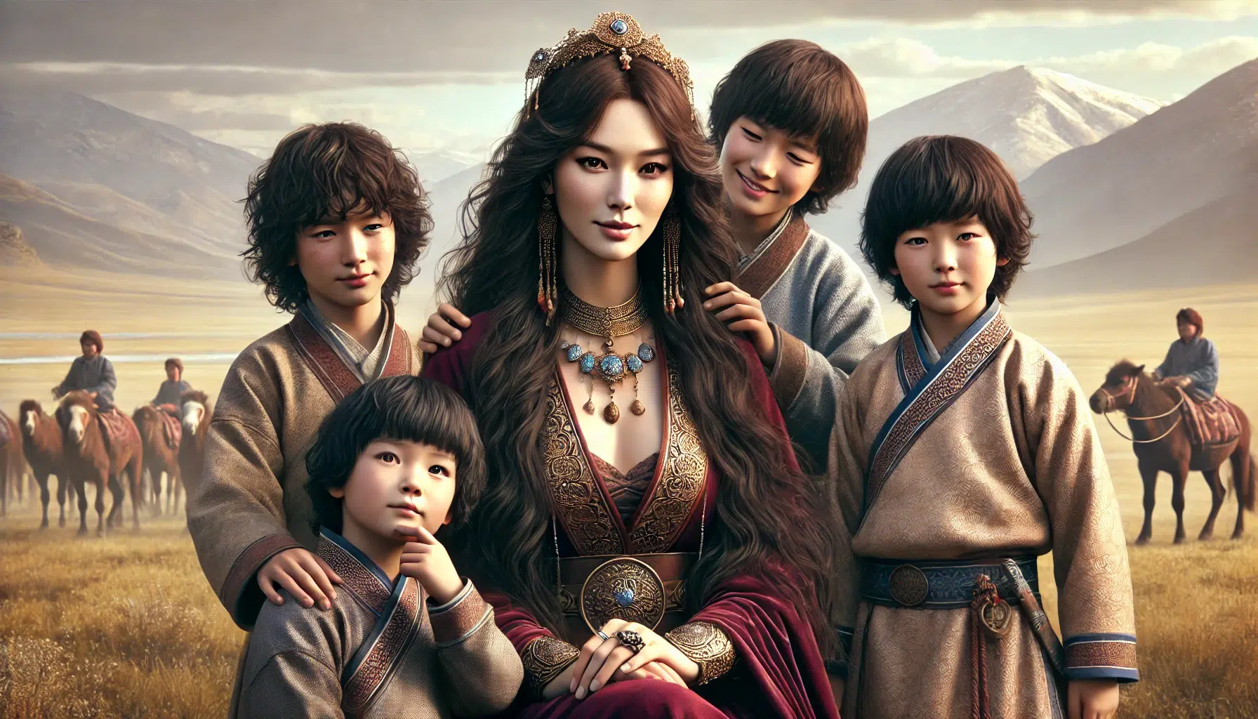 Börte with her four sons. Börte is depicted as a strikingly beautiful woman with long, dark hair, wearing traditional Mongolian attire appropriate for the 1100s. Her four sons, all with dark hair and Mongolian features, are gathered around her. They are dressed in traditional Mongolian clothing suitable for nobility in the 1100s. The scene is set against the backdrop of the Mongolian steppe with distant mountains under a clear blue sky, creating a warm and familial atmosphere.