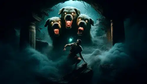 Hercules' twelfth and final labor: capturing Cerberus, the three-headed dog guarding the entrance to the underworld. The setting is the dark and ominous entrance to the underworld, with eerie lighting and mist. Hercules, a muscular and determined figure, is shown grappling with Cerberus, who has three fierce heads, each with glowing eyes and snarling expressions.