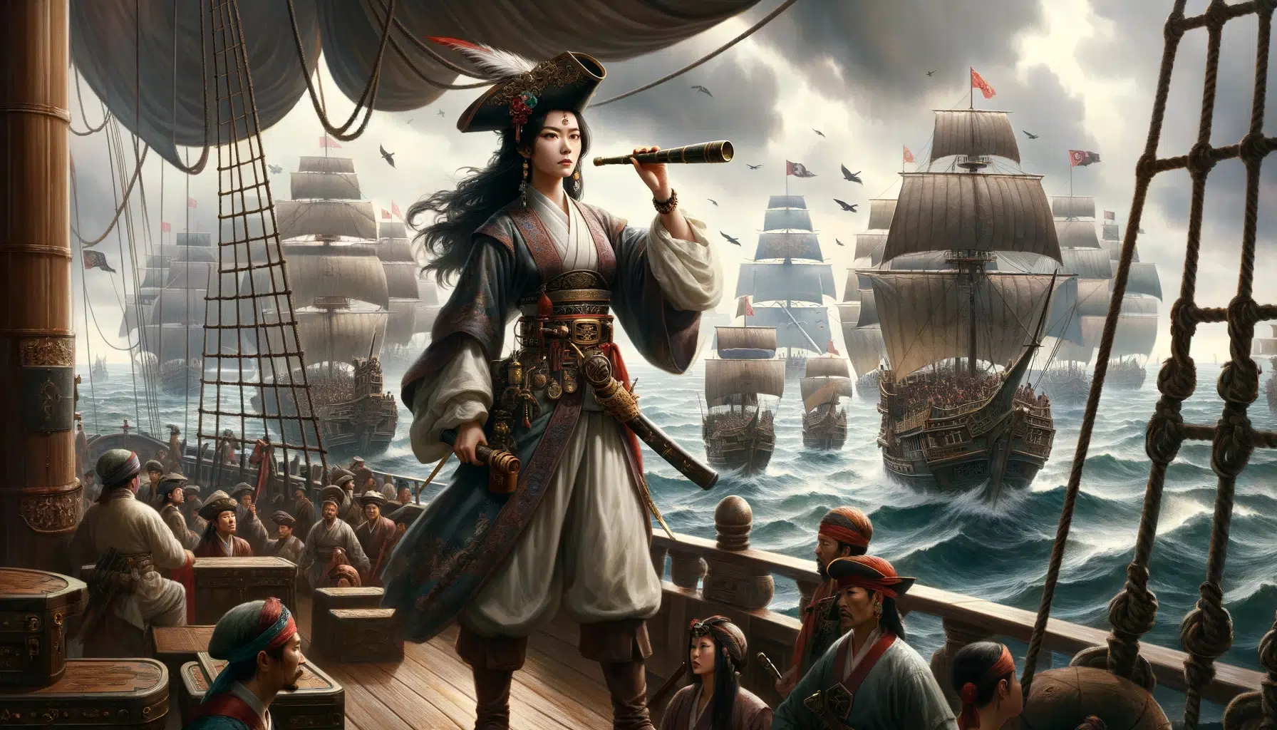 Ching Shih, known as the "Pirate Queen", commanding her fleet during the 18th and 19th centuries in China. She stands confidently on the deck of her flagship, overseeing a vast array of pirate ships. Ching Shih is dressed in traditional pirate attire with a commanding look, holding a telescope. Around her, the ocean is bustling with hundreds of ships, showing her control over 20,000 to 40,000 pirates. The atmosphere is tense and dramatic, under a cloudy sky.