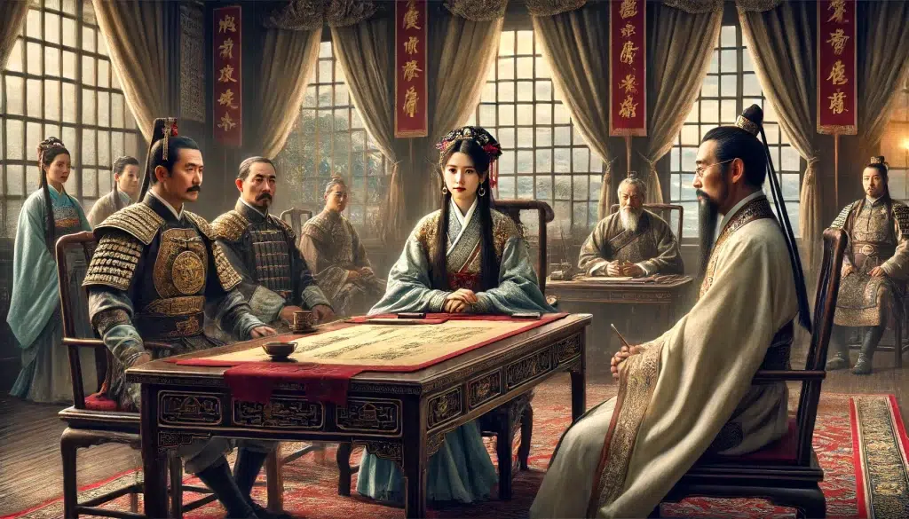 depiction of Ching Shih negotiating a deal with the Qing dynasty in 1810. The scene shows Ching Shih, dressed in traditional Chinese attire with pirate elements but without a headpiece, sitting at a negotiation table with Qing dynasty officials. The setting is a grand room with traditional Chinese decorations, scrolls, and banners. Qing officials, dressed in their official robes, are seated across from her, looking serious and attentive. Ching Shih's demeanor is calm and composed, reflecting her strategic acumen. The background includes a window with a view of the ocean, symbolizing her connection to the sea. The overall atmosphere is one of tense diplomacy and strategic negotiation.