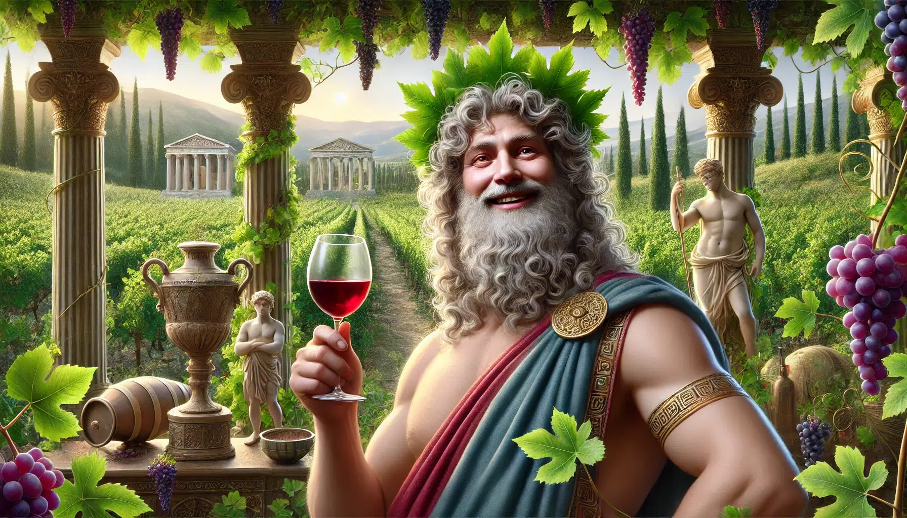 Dionysus, the god of wine, set in a lush, classical environment. Dionysus has a joyful and slightly mischievous expression, wearing a crown of grape leaves and traditional ancient Greek clothing. He holds a goblet of wine and stands amidst grapevines and ivy. The background features elements of ancient Greek architecture, such as columns, and a scenic view of a vineyard. The atmosphere is festive and vibrant, capturing the essence of his character and his connection to wine and revelry, with detailed and lifelike features.
