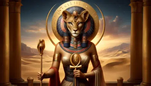 realistic portrayal of the ancient Egyptian goddess Sekhmet, shown with a full lioness head and the body of a woman. She stands facing the camera, wearing traditional Egyptian garments and a sun disk encircled by a cobra on her head, symbolizing her divine connection to the sun god Ra. Sekhmet is in a dignified pose, holding a scepter and an ankh, highlighting her roles as a goddess of war and healing. The background features a realistic desert scene with a setting sun, enhancing her formidable and protective nature.