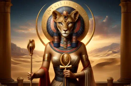 realistic portrayal of the ancient Egyptian goddess Sekhmet, shown with a full lioness head and the body of a woman. She stands facing the camera, wearing traditional Egyptian garments and a sun disk encircled by a cobra on her head, symbolizing her divine connection to the sun god Ra. Sekhmet is in a dignified pose, holding a scepter and an ankh, highlighting her roles as a goddess of war and healing. The background features a realistic desert scene with a setting sun, enhancing her formidable and protective nature.
