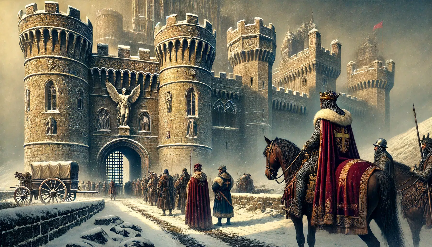 A historical scene depicting a medieval castle during winter, with a solemn atmosphere. A king from England, Henry IV, comes to the Italian castle with his royal entourage and waits before the castle gate, waiting to be admitted. The imposing castle walls and fortifications are visible, along with snowy, wintry conditions hinting at a harsh journey. The scene captures the tension and anticipation of the moment, with the king and his entourage standing in the snow, looking towards the castle gate.