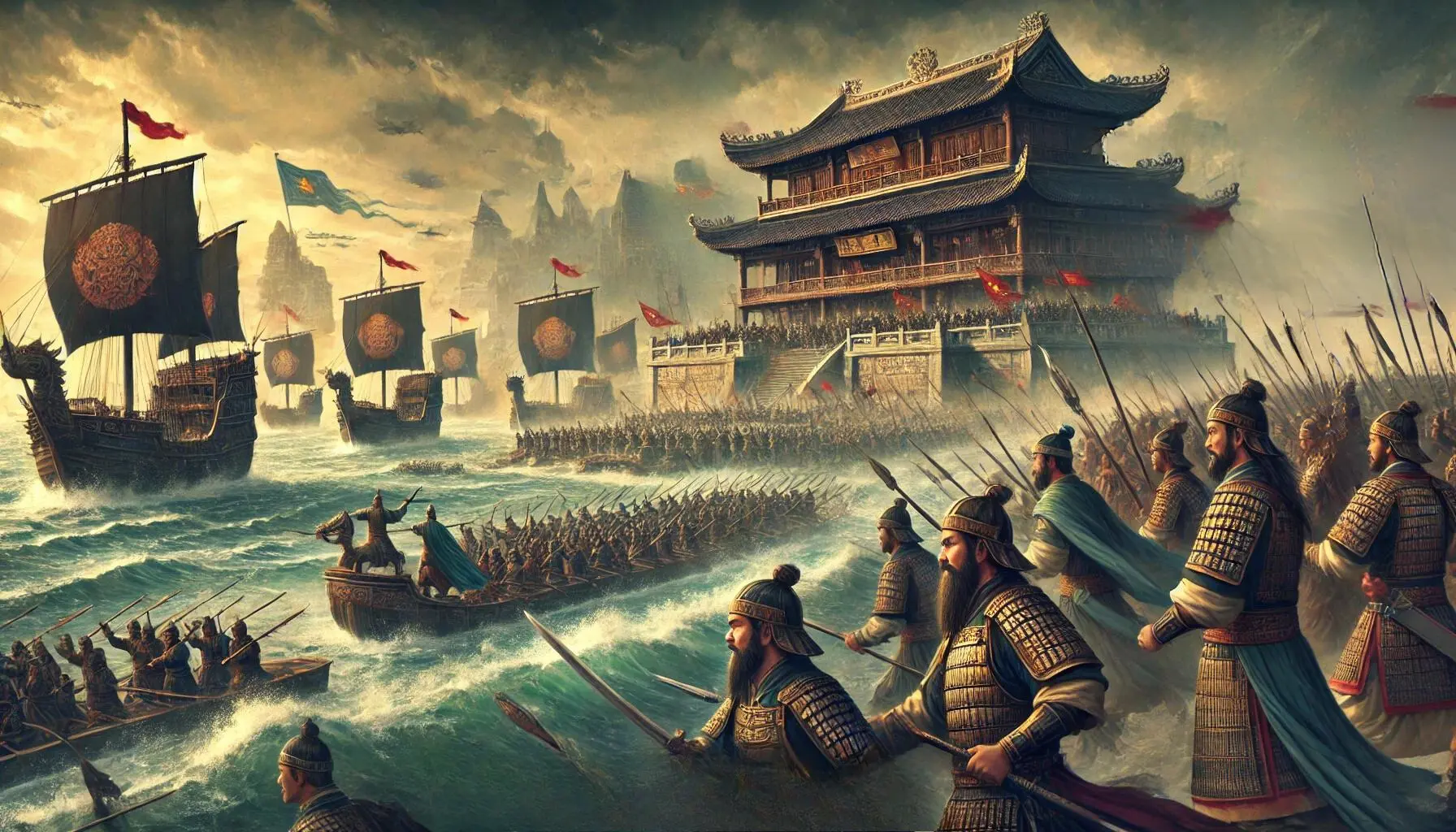 General Ma Yuan leads the Chinese to victory over the Vietnamese, bringing Vietnam back under Chinese control in 43 AD. The scene shows Ma Yuan's strategic arrival with 2,000 ships along the coast from Guangdong, dominating the final battle near today’s Hanoi. The Chinese army, well-organized and formidable, overwhelms the Vietnamese forces.