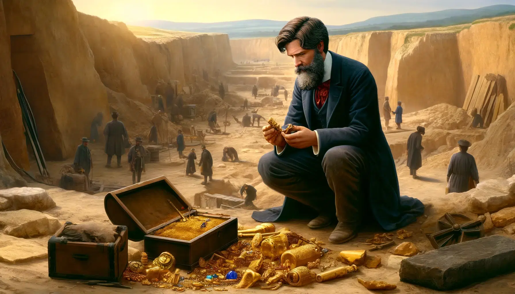 Heinrich Schliemann's 1873 excavation at Hisarlık, Turkey, where he discovered treasures thought to be King Priam's. The scene captures Schliemann, a middle-aged man with a beard, in period-appropriate attire, kneeling and carefully examining broken pieces of golden artifacts and jewels. The site around him is bustling with workers, tools, and excavated soil, emphasizing the scale of the dig.