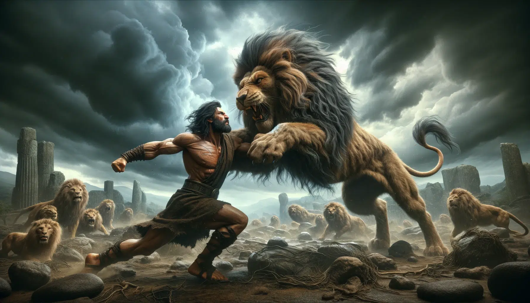 Hercules battling the Nemean Lion, focusing on lifelike textures and proportions. Hercules, a robust and muscular Greek hero with detailed, realistic facial features and long dark hair, grapples with the lion, which resembles a large, powerful wild lion with a dense mane and lifelike fur texture. The setting is a dark, foreboding wilderness with intricate details such as rugged terrain, scattered boulders, and sparse vegetation under a stormy sky