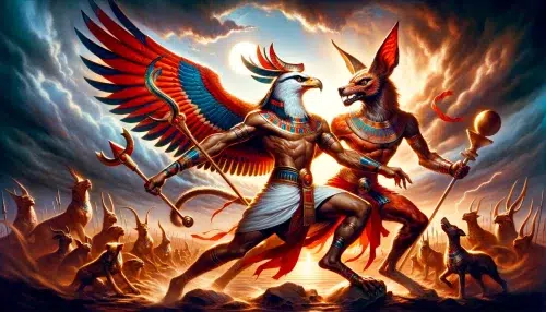 battle between Horus, the god of the sky, and Set, the god of chaos and disorder. Horus is portrayed as a falcon-headed man, wearing the pschent, a red and white crown symbolizing his kingship. He is dressed in traditional Egyptian armor, ready for battle. Set is depicted with an animal head that resembles a long-snouted canine or a jackal, with tall, squared ears and a forked tail. He has a human body with reddish-brown skin, embodying chaos. The scene is set in a dramatic Egyptian desert landscape under a tumultuous sky