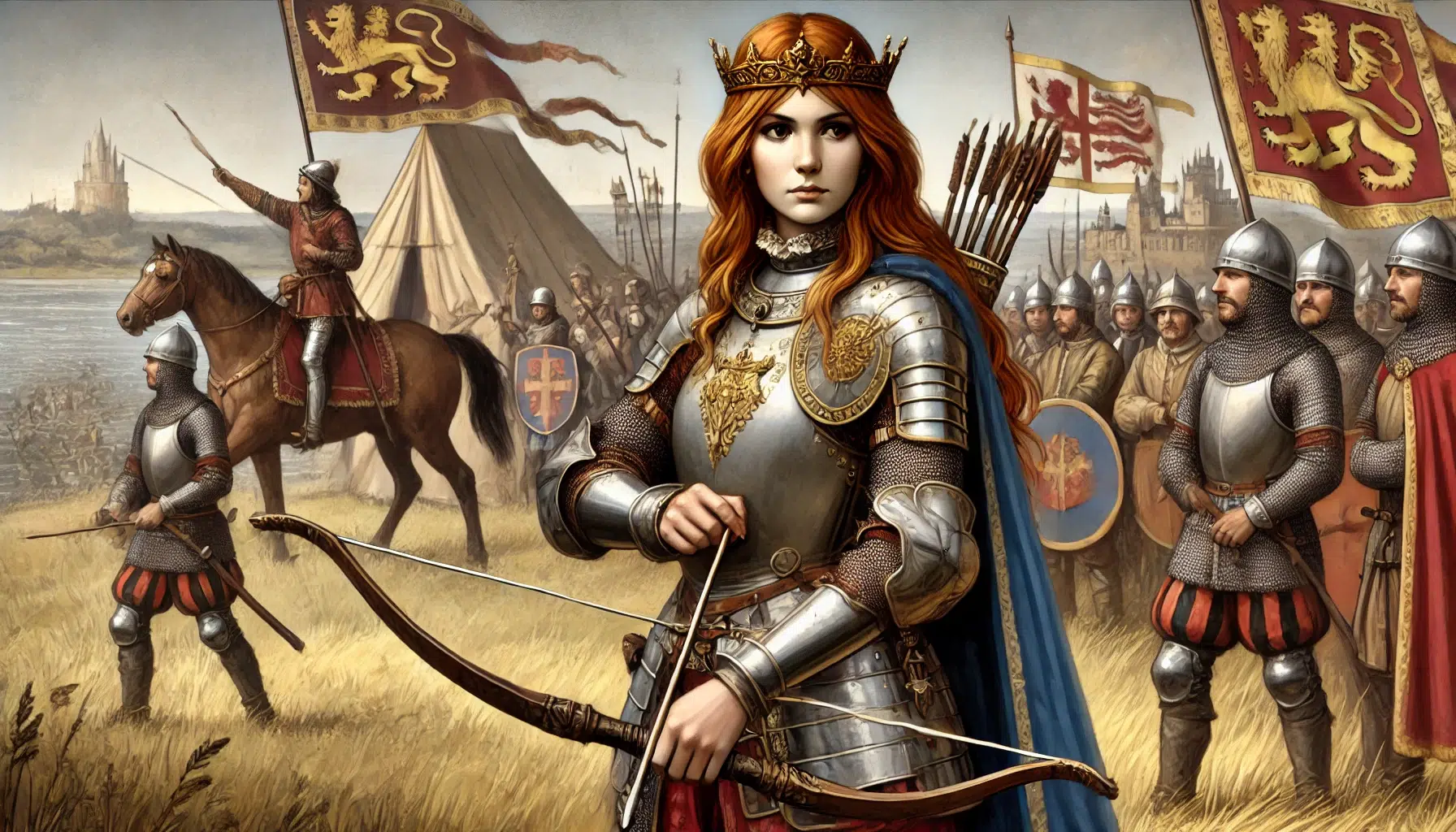 Isabella standing in a field surrounded by military holding a bow and arrow, wearing armour and a crown