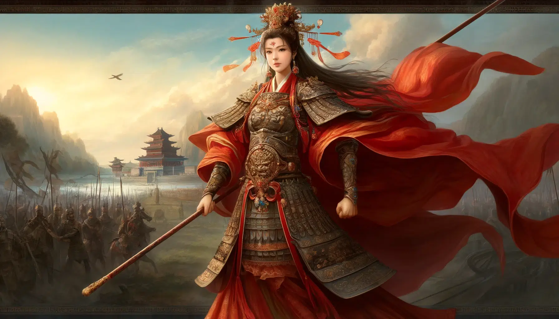 Lady Sun, a legendary Chinese warrior princess from the Three Kingdoms period. She stands confidently at the forefront of a battlefield, dressed in traditional Chinese warrior armor, which includes intricate metalwork and a flowing red cape. Her expression is determined, and she holds a long spear in one hand. The background shows a dynamic and tense battlefield atmosphere with ancient Chinese architecture in the distance.