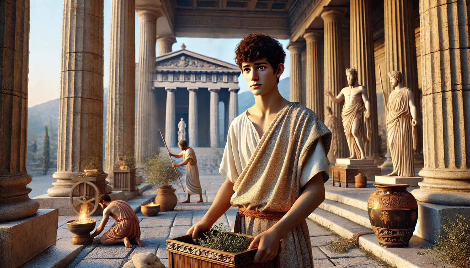 Ion, a young temple servant, serving at the temple of Apollo in Delphi. Ion is shown in traditional ancient Greek clothing, including a simple chiton. He has a focused and respectful expression as he performs his duties, such as arranging offerings or sweeping the temple floor. The background features the grand architecture of the temple, with tall columns, intricate carvings, and a statue of Apollo. The atmosphere is serene and sacred, capturing the essence of Ion's devotion and the divine setting of the temple.
