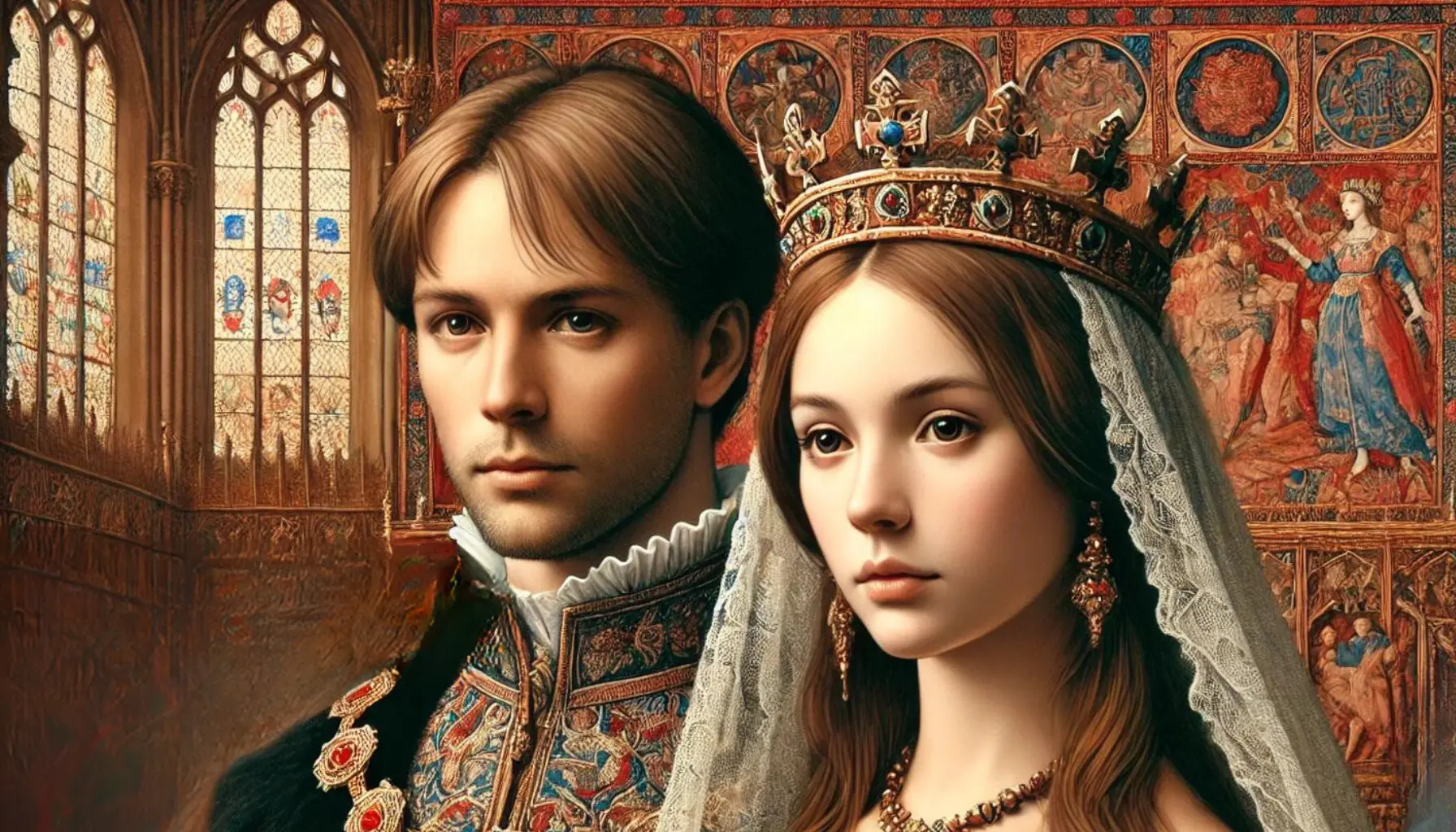 A close-up painting of Isabella of France getting married to Edward II in a grand royal wedding ceremony. Isabella, dressed regally with a crown and long brown hair, slightly auburn, stands next to Edward II. Both are shown in elaborate medieval wedding attire, with intricate details on their clothing. The background shows elements of a beautifully decorated cathedral with rich tapestries and vibrant stained glass windows