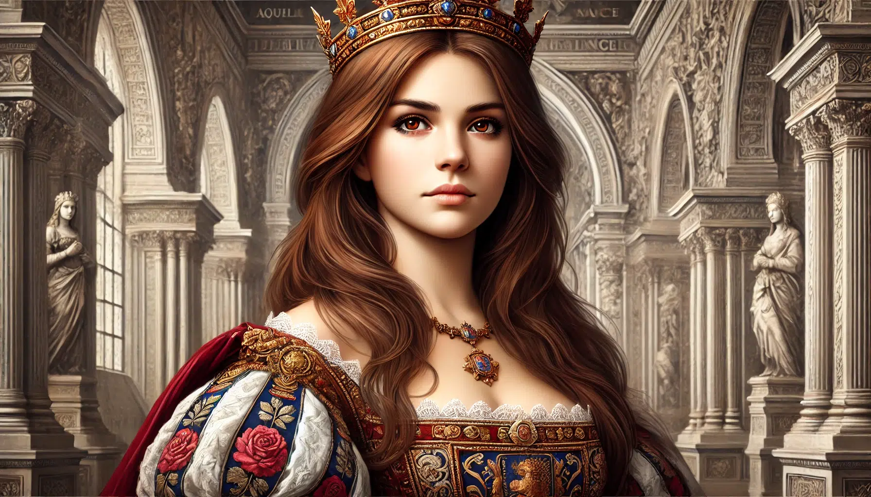 A regal painting of Isabella of France, also known as the 'She-Wolf of France.' She stands confidently with a fierce and determined expression, dressed in elaborate medieval attire with a crown. She has long, more brown hair and brown eyes. The background is grand and majestic, reflecting her powerful and influential status. The style should be detailed and realistic, capturing the essence of a historical painting, not a photograph.