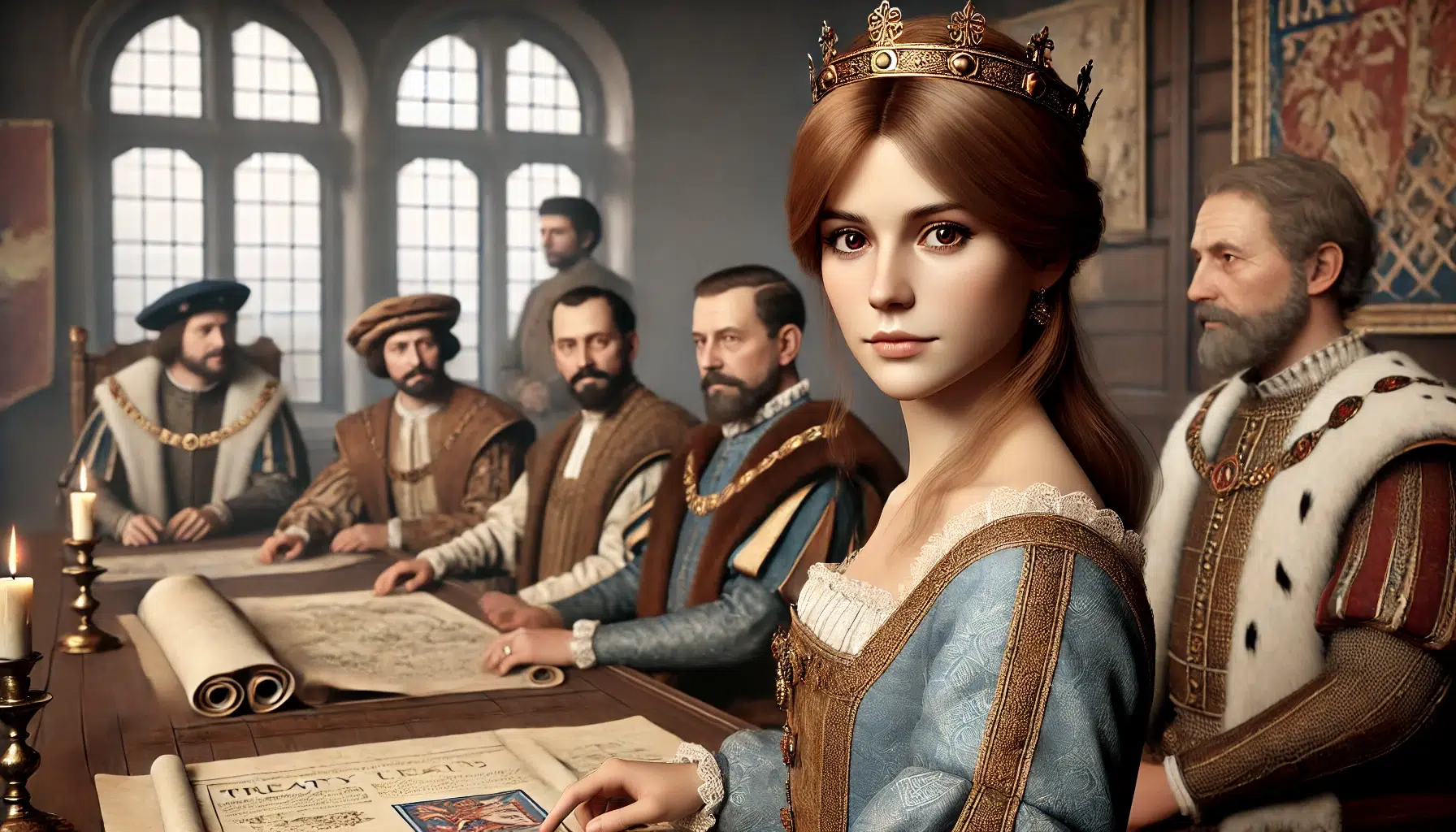 Isabella of France as a key player in Middle Ages diplomacy, shown in a realistic medieval room with men from that time period. She has light brown, slightly reddish hair and brown eyes, standing confidently with a strategic expression. She is dressed regally with a crown and appropriate medieval attire, working on a treaty. The scene includes elements of a diplomatic setting, such as maps, scrolls, and an ornate table with treaty documents. Ensure all faces and details look natural and historically accurate, with a focus on realism.