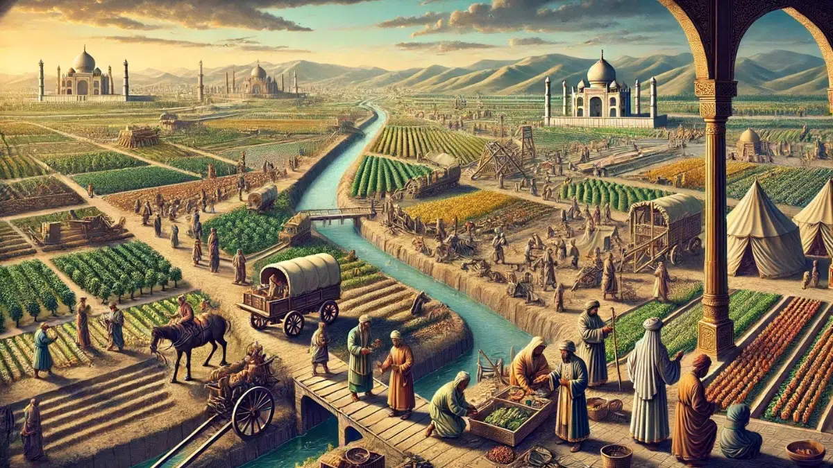 Kublai Khan supporting agriculture, trade, and infrastructure. The scene shows a bustling landscape with roads and canals being built, workers constructing and transporting goods. Farmers are seen tending to their crops, reflecting reduced taxes and increased support for agriculture. The background features fields of crops, thriving markets, and merchants trading goods. Bridges over the canals connect different parts of the land, facilitating movement and trade. The atmosphere is vibrant and industrious, showcasing Kublai Khan's investments in infrastructure and agriculture, boosting food production and the economy.