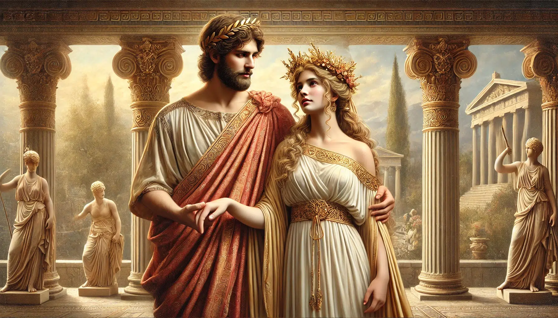 King Admetus and his wife, Alcestis, in a classical Greek setting. King Admetus stands beside Alcestis, holding her hand, with a grateful and loving expression. Alcestis, looking serene and devoted, wears traditional ancient Greek clothing, including a flowing gown. The background features elements of ancient Greek architecture, such as columns and a palace setting, with a beautiful garden in the distance. The atmosphere is warm and affectionate, capturing the essence of their love and sacrifice for each other.