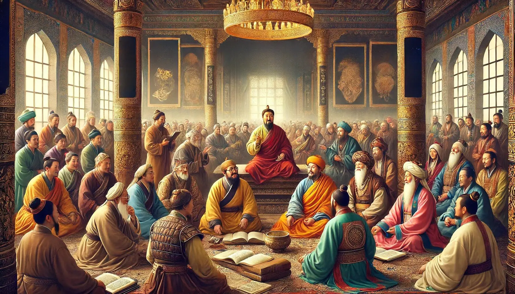 Kublai Khan encouraging a blend of different traditions and beliefs, supporting scholars, artists, and religious leaders from various cultures. The scene depicts a grand hall in Kublai Khan's palace where Buddhist, Christian, Muslim, and Taoist leaders are gathered. They engage in dialogue and share their knowledge. Kublai Khan, dressed in traditional Mongol royal attire, sits at the center, overseeing the discussions. The hall is adorned with rich decorations, scrolls, and artifacts from different cultures. The atmosphere is peaceful and respectful, highlighting the diversity and unity within the empire.