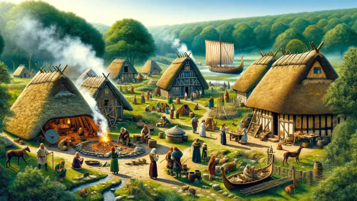 A vivid depiction of the Land of Legends (Sagnlandet Lejre) in Denmark, an open-air museum that recreates life in the Iron Age, Viking Age, and early medieval period. The scene includes a bustling Iron Age village with thatched-roof houses and a smoky central fire pit. Villagers are dressed in period-appropriate garments, engaged in daily activities like cooking, crafting, and weaving. A Viking longship is visible in the background, near a small river, emphasizing the historical depth of the site.