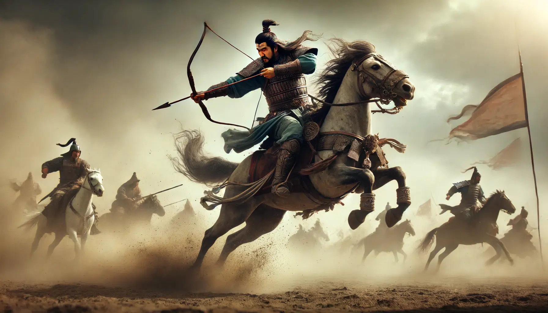 A dramatic portrayal of Li Guang, known as 'The Flying General', famous for his brave acts and strong will. The scene captures him in a heroic charge, galloping on a robust steed across a dusty battlefield. Li Guang is in full armor, dynamically posed in the act of shooting an arrow while riding. The background shows a chaotic skirmish with the Xiongnu, emphasizing his reputation for escaping tough situations and winning battles. The dusty air and motion blur convey the speed and ferocity of his charge, making his skills in riding and shooting palpable.
