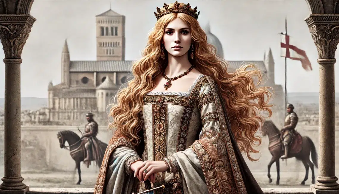 Matilda of Tuscany, a noblewoman from the Middle Ages, with long, flowing blonde hair. She is wearing a rich, elaborate medieval dress with long sleeves and intricate embroidery. She has a cloak or mantle draped over her shoulders. She is wearing a crown or diadem signifying her noble rank. She holds a sword, symbolizing her military leadership and authority. She has a resolute and determined expression, standing in a commanding stance, with a background showing a medieval castle or fortress.