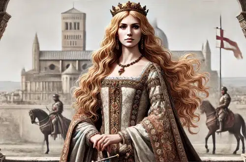 Matilda of Tuscany, a noblewoman from the Middle Ages, with long, flowing blonde hair. She is wearing a rich, elaborate medieval dress with long sleeves and intricate embroidery. She has a cloak or mantle draped over her shoulders. She is wearing a crown or diadem signifying her noble rank. She holds a sword, symbolizing her military leadership and authority. She has a resolute and determined expression, standing in a commanding stance, with a background showing a medieval castle or fortress.