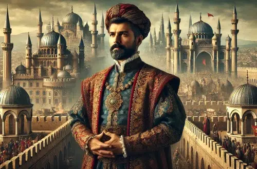 The Mehmed the Conqueror of the Ottoman Empire, dressed in ornate 15th-century Ottoman attire, standing proudly before an impressive cityscape that evokes the historical period. The background includes elements reminiscent of Constantinople, such as grand city walls and architectural marvels, capturing the essence of his era and achievements. The scene is set in the 15th century with a sense of grandeur and historical significance.