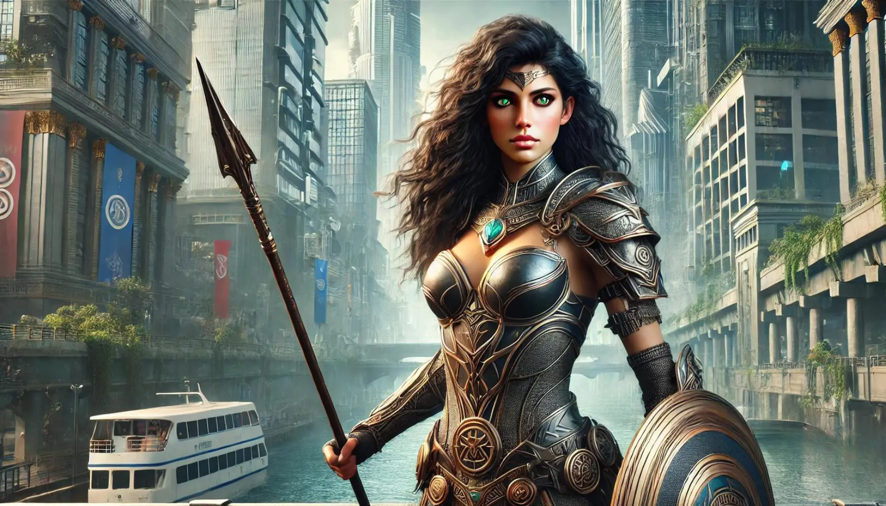urban fantasy image of Melanippe as she would appear in a modern-day setting of an urban fantasy adventure series with Greek mythology characters. Melanippe, a powerful Amazon warrior, stands confidently in a bustling cityscape. She is dressed in intricately designed Amazonian armor with modern touches. She has long wavy dark hair, striking green eyes, and an intense, determined expression. She wields a spear and a shield, both adorned with mythical symbols. The background features a blend of modern city buildings
