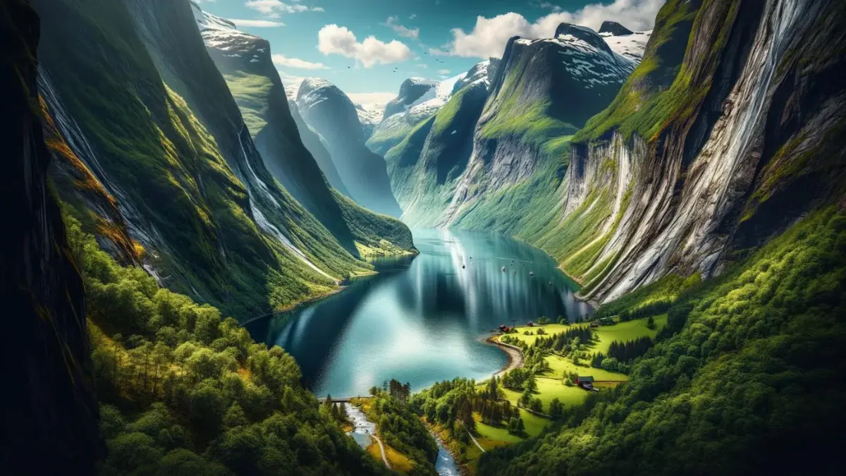 A stunning landscape image of Nærøyfjord in Norway, a part of the UNESCO World Heritage list. This majestic fjord is framed by towering mountains covered with lush green vegetation and sporadic snow patches. The narrow waterway reflects the clear blue sky and the surrounding steep cliffs. Small traditional Norwegian boats can be seen dotting the fjord, emphasizing the tranquility and untouched beauty of the area.
