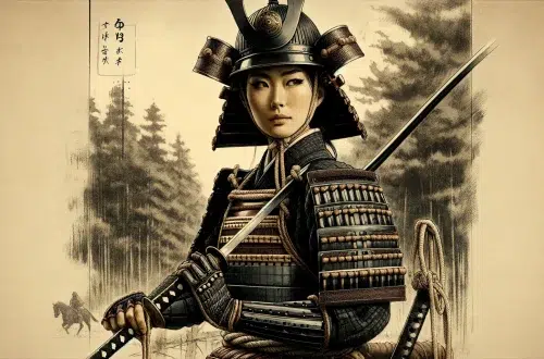 A portrait of Nakano Takeko, a female samurai from 19th century Japan. She wears traditional samurai armor with a kabuto helmet, her hair styled in a neat bun. She holds a naginata, a long pole weapon, in a battle-ready stance. Her expression is determined and fierce, embodying the spirit of a warrior. The background is a blurred forest, suggesting a historical battlefield setting. The image is styled to resemble a traditional Japanese painting with ink and brushwork.