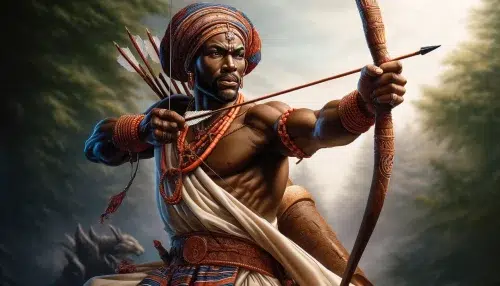 A detailed and realistic depiction of Ochosi, the Yoruba god of hunting and archery, in action. He is a strong and regal figure with deep skin, dressed in traditional Yoruba warrior attire, featuring rich earth tones and vibrant patterns. Ochosi is in the process of drawing his bow, his expression focused and determined. He holds a beautifully crafted bow with an arrow poised, embodying precision and readiness. The background features a serene forest setting, enhancing his connection to nature and his role as a protector and hunter.