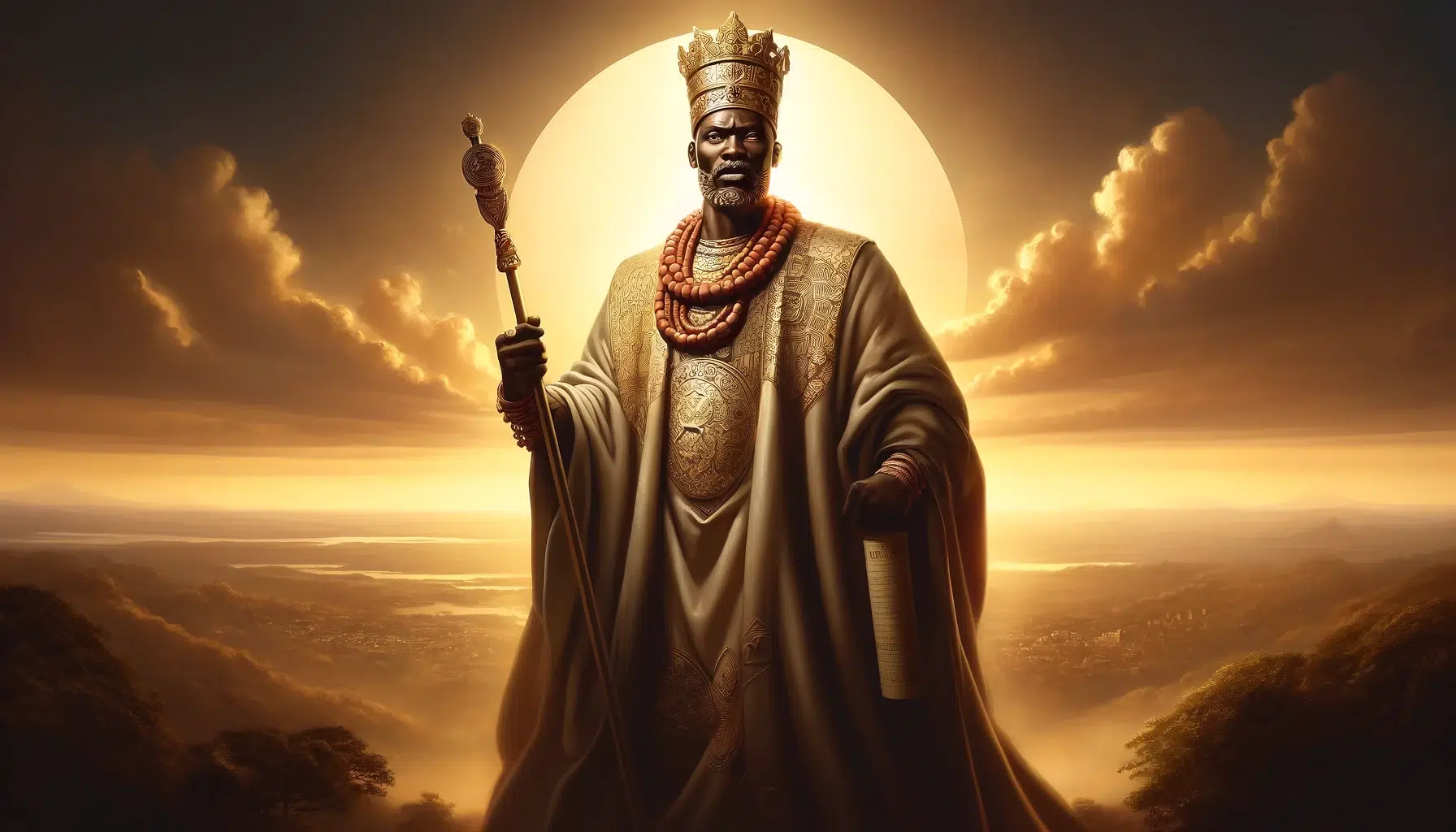 An imposing and regal depiction of Oduduwa, the legendary founder of the Yoruba kingdom, standing majestically on a hilltop overlooking a vast landscape. Oduduwa is portrayed as a noble figure with deep skin, wearing a richly embroidered royal robe and a traditional Yoruba crown, symbolizing his authority and status as a king. In one hand, he holds a staff of leadership, and in the other, a scroll representing the laws and culture he established. The background features the setting sun behind him, casting a golden light that highlights his significance as a progenitor and leader.