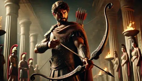 Odysseus, the Greek hero, standing with his legendary bow. He is depicted as a strong and determined figure, wearing ancient Greek armor and a cloak. Odysseus' expression is resolute and focused. The bow is large and formidable, crafted from dark wood and sinew. The setting is the great hall of Ithaca, with a dramatic scene of suitors in the background. Odysseus is stringing his bow, showcasing his unique strength. The hall is grand, with stone columns and torches casting a warm glow, emphasizing the heroic atmosphere.