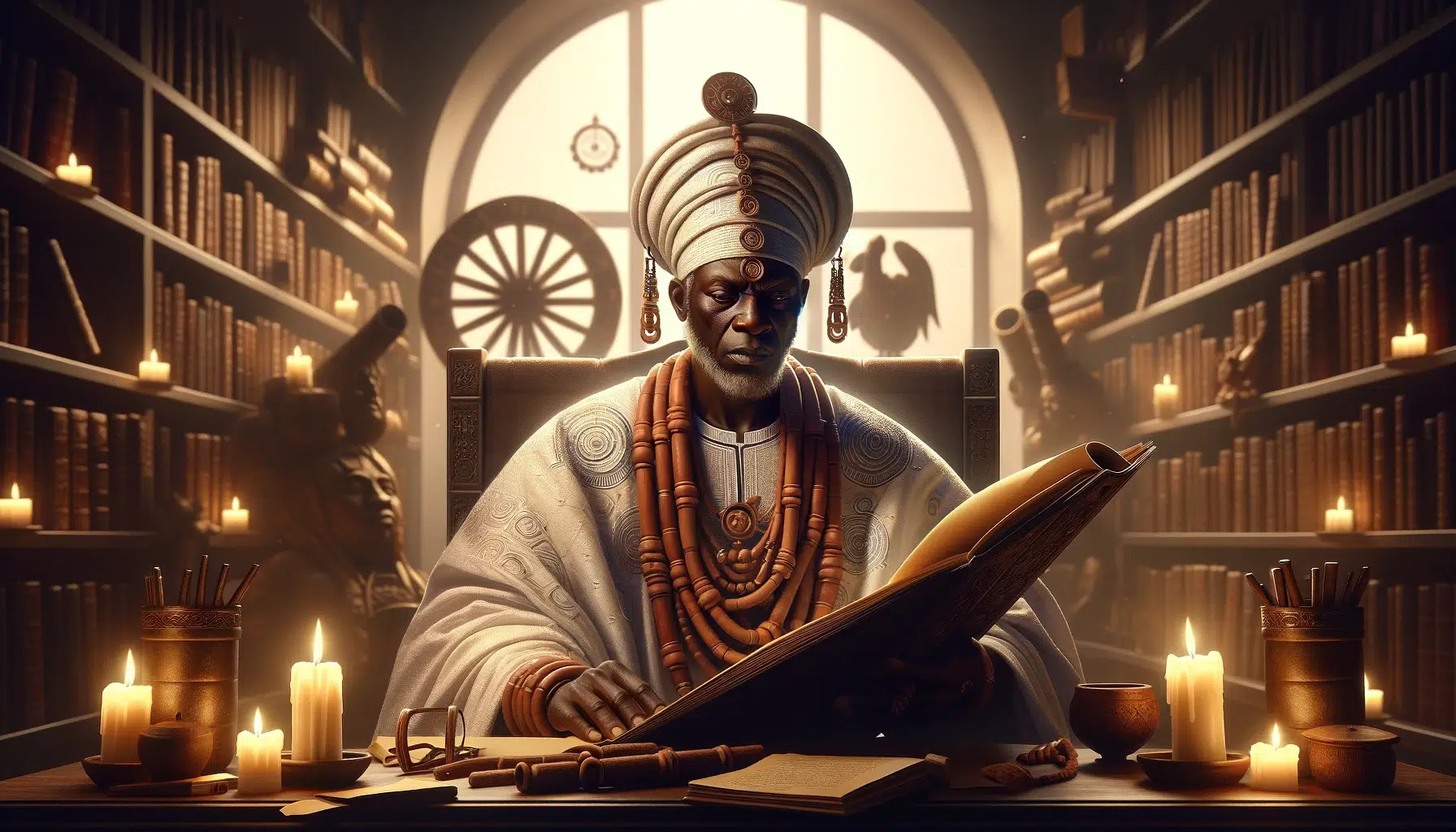 A scholarly depiction of Orunmila, the Yoruba deity of wisdom, knowledge, and divination, seated in a tranquil library setting without glasses. Orunmila is portrayed as an elder figure with deep skin, wearing traditional Yoruba robes adorned with symbols of divination. He is focused on a large open scroll, holding a divination chain (opelé) in one hand. The background features shelves filled with ancient scrolls and books, and softly glowing candles, creating a warm, intellectual atmosphere.