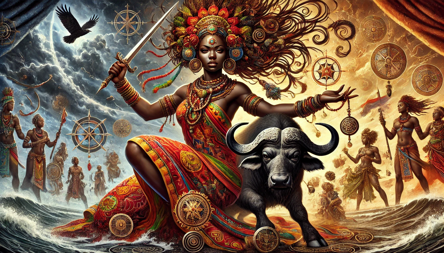 A powerful depiction of Oya, the African goddess, shown as a strong woman holding a sword and buffalo horns. These symbols represent her role as a warrior for fertility. She is fully clothed in vibrant, traditional African attire with intricate patterns in red, orange, and gold. Oya's wild hair flows freely, adding to her fierce and majestic presence. The background features elements of nature, such as stormy skies, swirling winds, and a lush landscape, emphasizing her connection to change and fertility. Her influence is evident in the artistic elements surrounding her, representing art, music, and literature inspired by her legacy